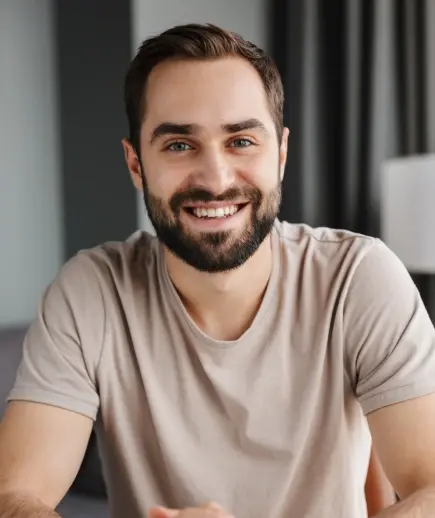 Smiling man in casual shirt, happy patient testimonial for Beverly Hills dental practice.