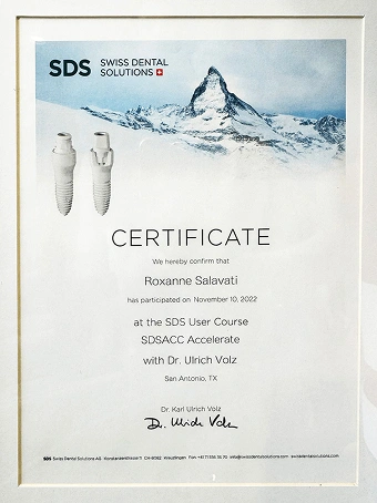 Certificate recognizing Dr. Roxanne Salavati as a certified SDS provider